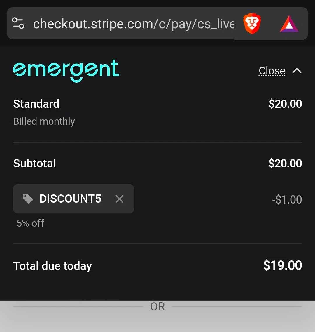 Emergent promo code screenshot showing code DISCOUNT5 applied at Emergent checkout page. Uploaded by SimplyCodes community member DealTracker1779 on Jan 8, 2026