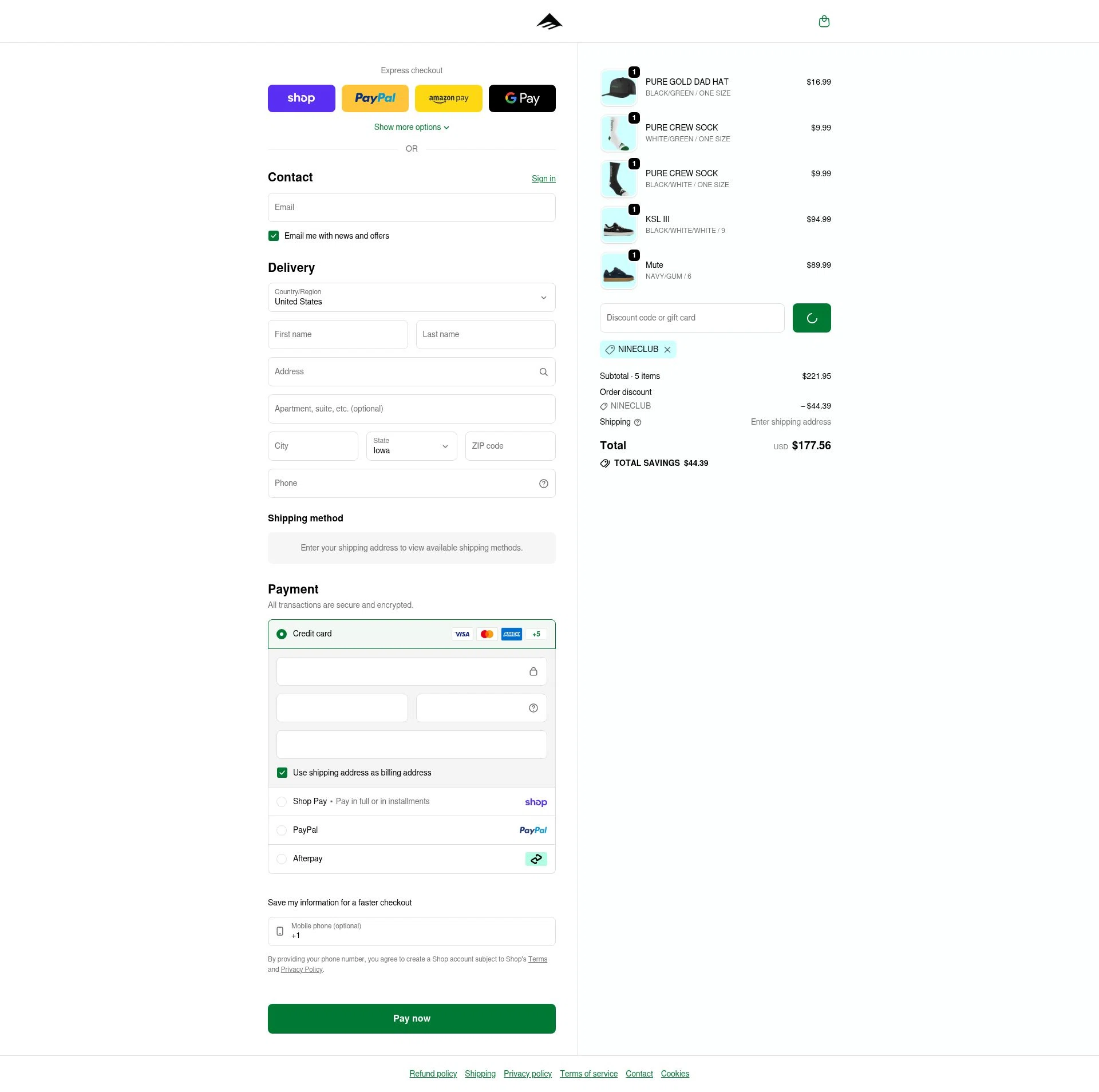 Emerica checkout page showing Emerica promo code box | Screenshot taken by SimplyCodes community member on Feb 18, 2026