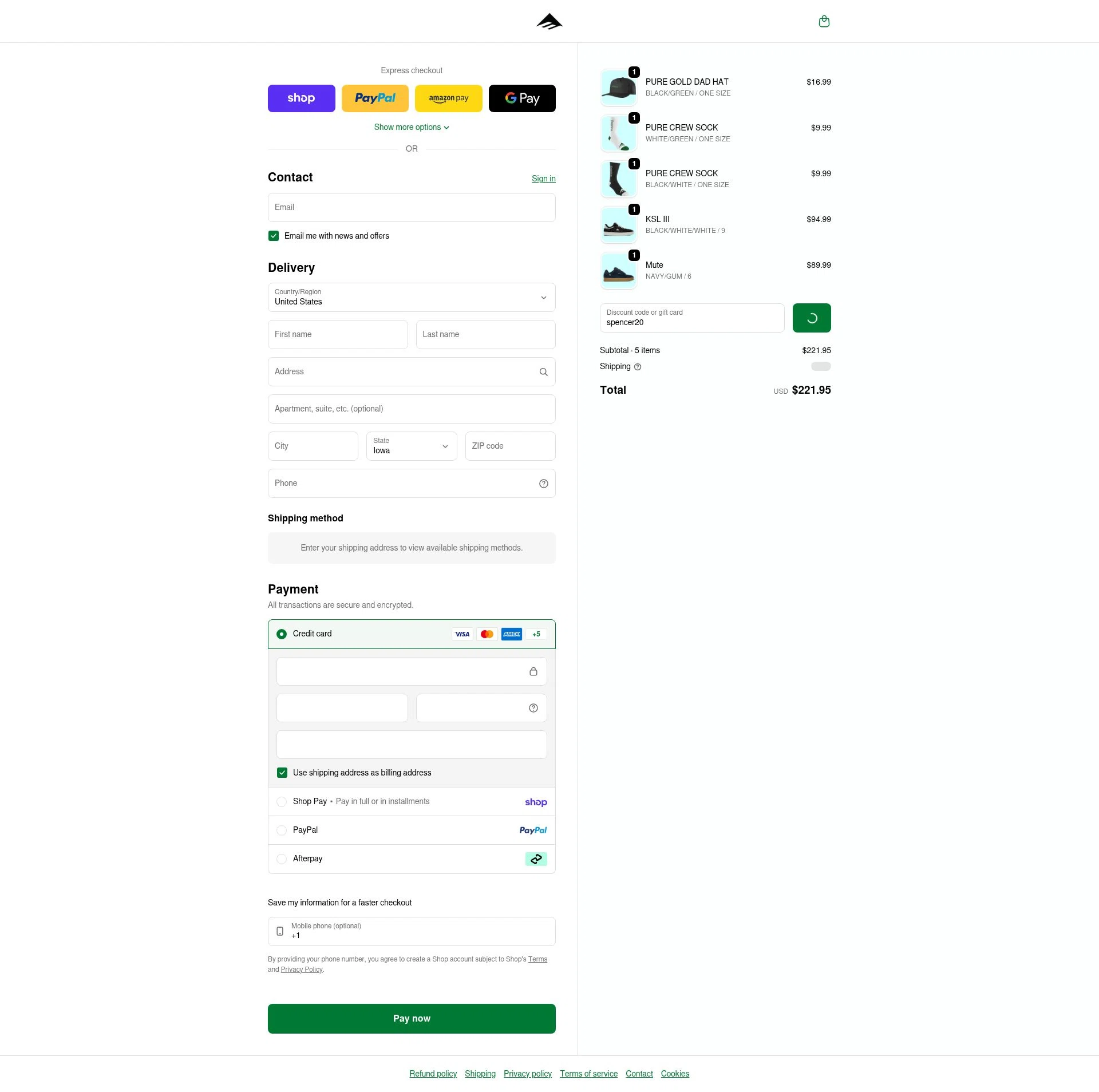 Emerica checkout page showing Emerica promo code box | Screenshot taken by SimplyCodes community member on Feb 18, 2026