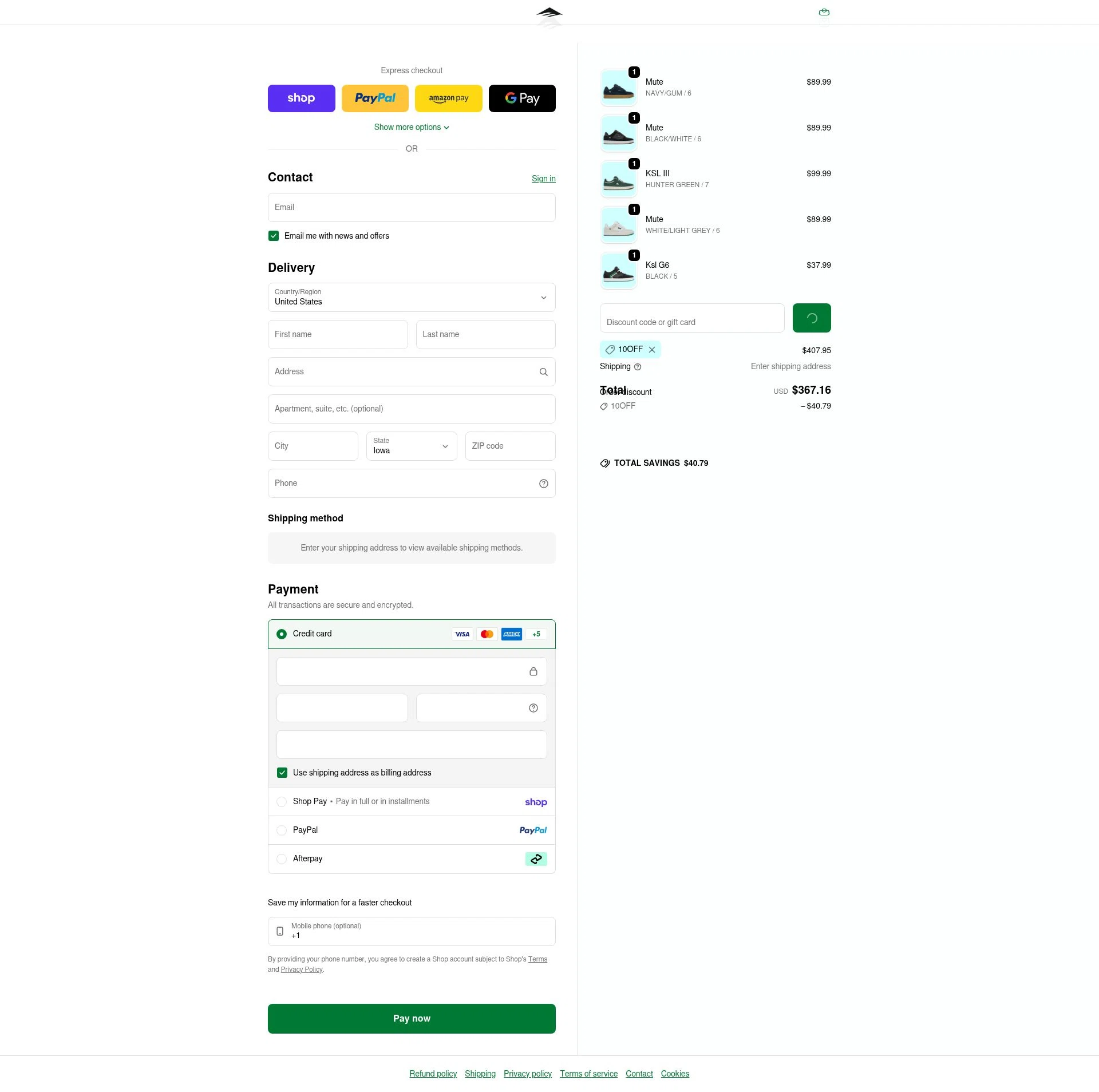 Emerica checkout page showing Emerica promo code box | Screenshot taken by SimplyCodes community member on Feb 14, 2026