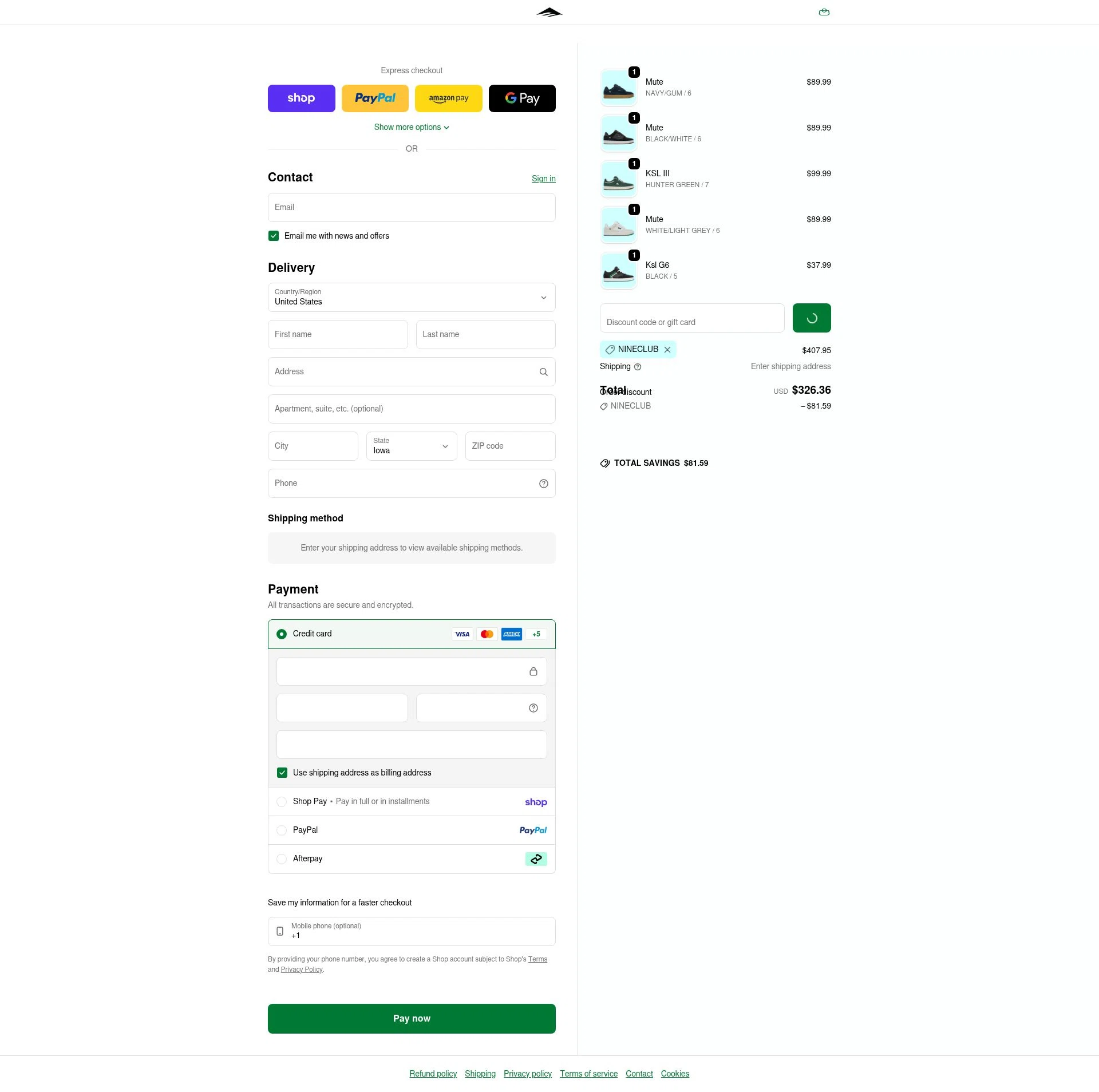 Emerica checkout page showing Emerica promo code box | Screenshot taken by SimplyCodes community member on Feb 14, 2026