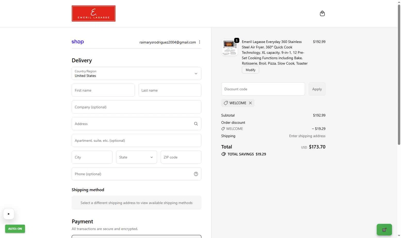 Emeril Everyday checkout page showing Emeril Everyday coupon code box | Screenshot taken by SimplyCodes community member on Jan 17, 2026