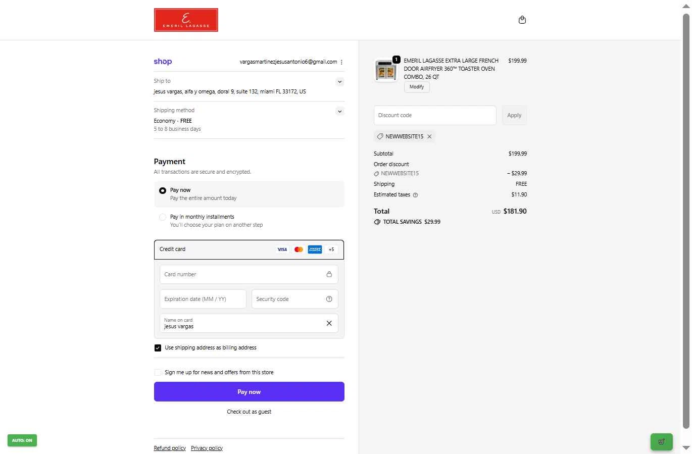 Emeril Everyday checkout page showing Emeril Everyday coupon code box | Screenshot taken by SimplyCodes community member on Nov 5, 2025