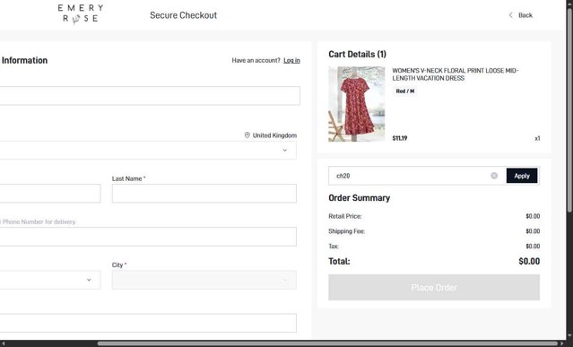 Emery Rose checkout page showing Emery Rose discount code box | Screenshot taken by SimplyCodes community member on May 25, 2025
