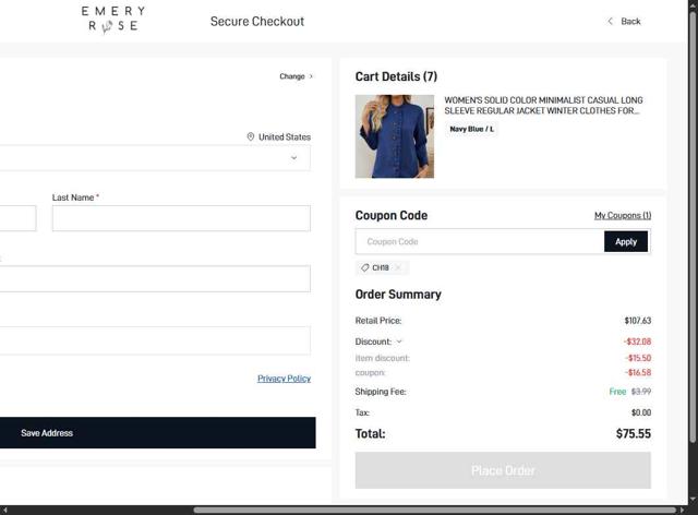 Emery Rose checkout page showing Emery Rose discount code box | Screenshot taken by SimplyCodes community member on Sep 2, 2025