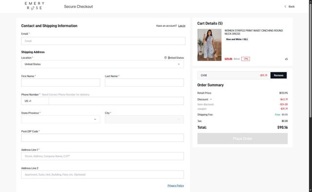 Emery Rose checkout page showing Emery Rose discount code box | Screenshot taken by SimplyCodes community member on Jun 20, 2025