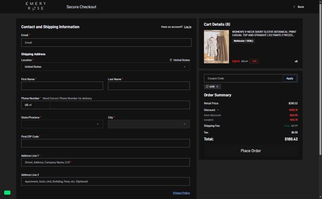 Emery Rose checkout page showing Emery Rose discount code box | Screenshot taken by SimplyCodes community member on Aug 7, 2025