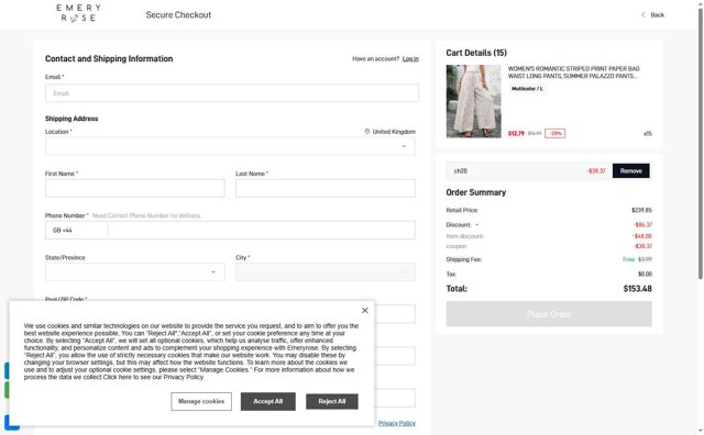 Emery Rose checkout page showing Emery Rose discount code box | Screenshot taken by SimplyCodes community member on May 25, 2025