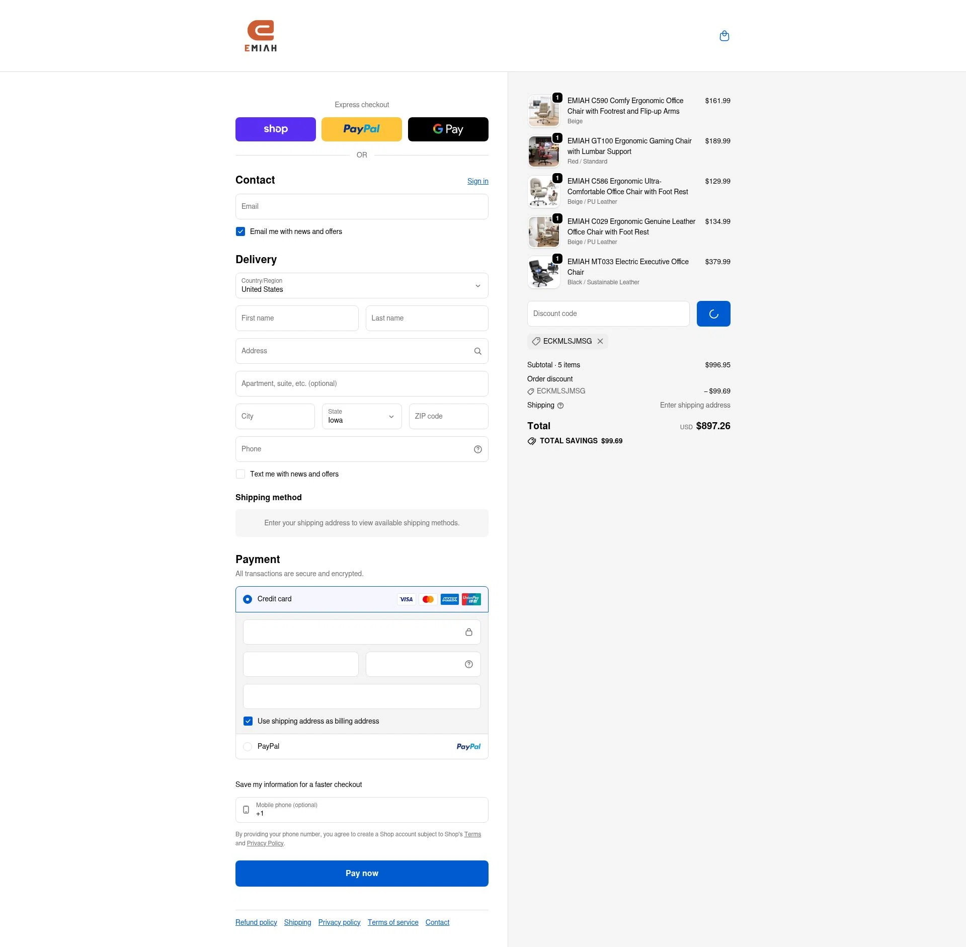 EMIAH checkout page showing EMIAH promo code box | Screenshot taken by SimplyCodes community member on Jan 8, 2026