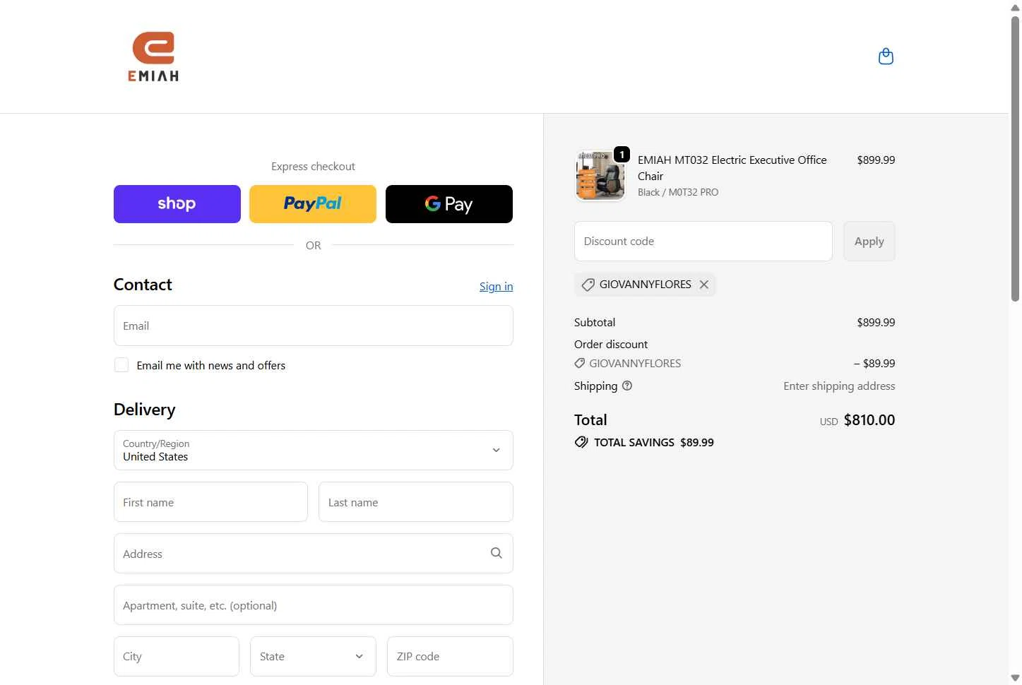 EMIAH checkout page showing EMIAH promo code box | Screenshot taken by SimplyCodes community member on Jan 10, 2026