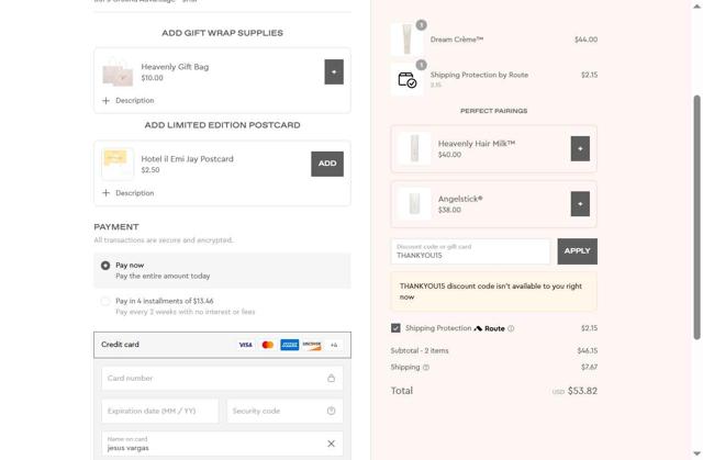 Emi Jay checkout page showing Emi Jay discount code box | Screenshot taken by SimplyCodes community member on Sep 3, 2025