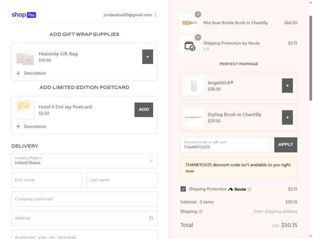 Emi Jay checkout page showing Emi Jay discount code box | Screenshot taken by SimplyCodes community member on Aug 19, 2025