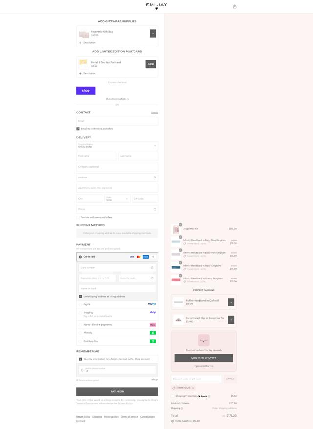 Emi Jay checkout page showing Emi Jay discount code box | Screenshot taken by SimplyCodes community member on Sep 13, 2025