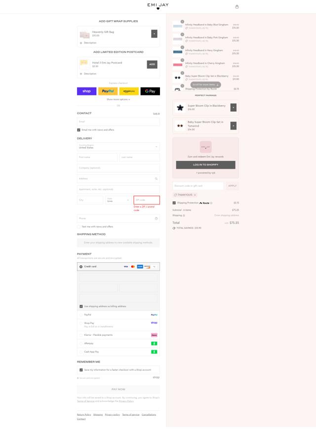 Emi Jay checkout page showing Emi Jay discount code box | Screenshot taken by SimplyCodes community member on Sep 8, 2025