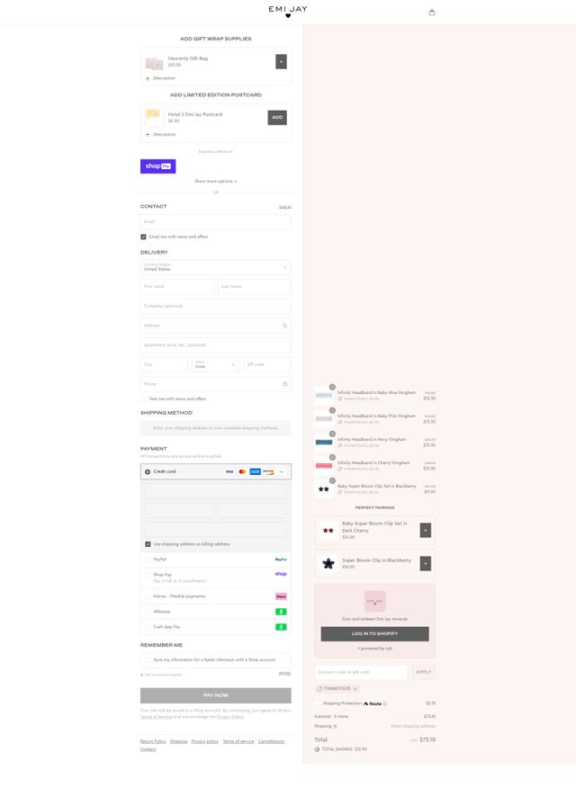 Emi Jay checkout page showing Emi Jay discount code box | Screenshot taken by SimplyCodes community member on Aug 28, 2025