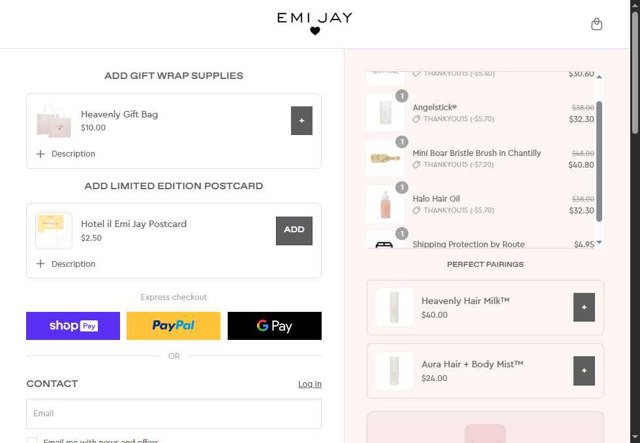 Emi Jay checkout page showing Emi Jay discount code box | Screenshot taken by SimplyCodes community member on Aug 14, 2025