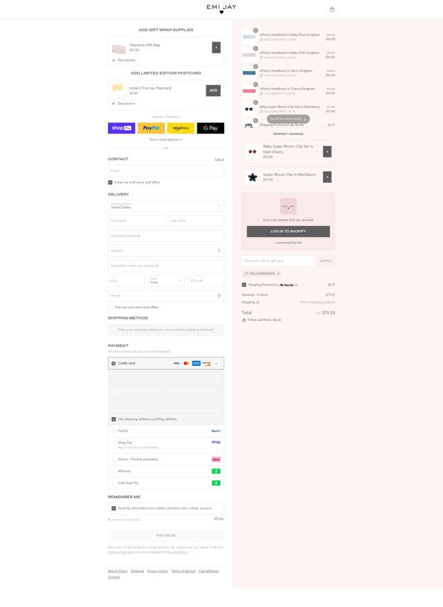 Emi Jay checkout page showing Emi Jay discount code box | Screenshot taken by SimplyCodes community member on Aug 19, 2025