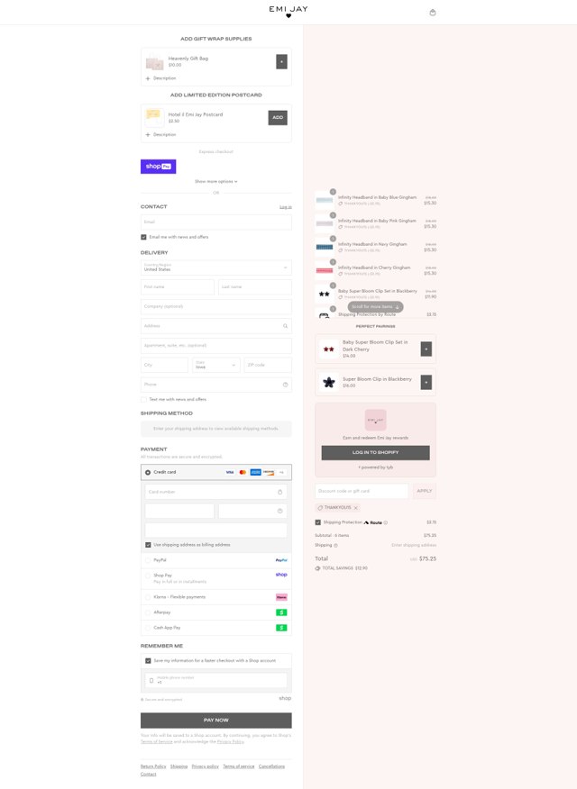Emi Jay checkout page showing Emi Jay discount code box | Screenshot taken by SimplyCodes community member on Aug 24, 2025
