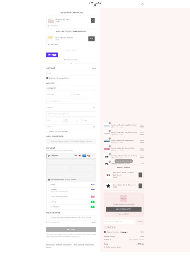 Emi Jay checkout page showing Emi Jay discount code box | Screenshot taken by SimplyCodes community member on Aug 24, 2025