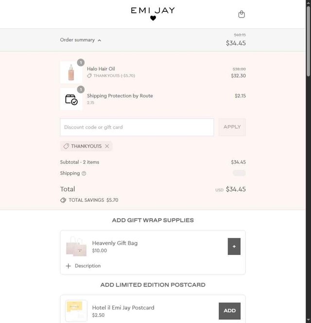 Emi Jay checkout page showing Emi Jay discount code box | Screenshot taken by SimplyCodes community member on Aug 26, 2025