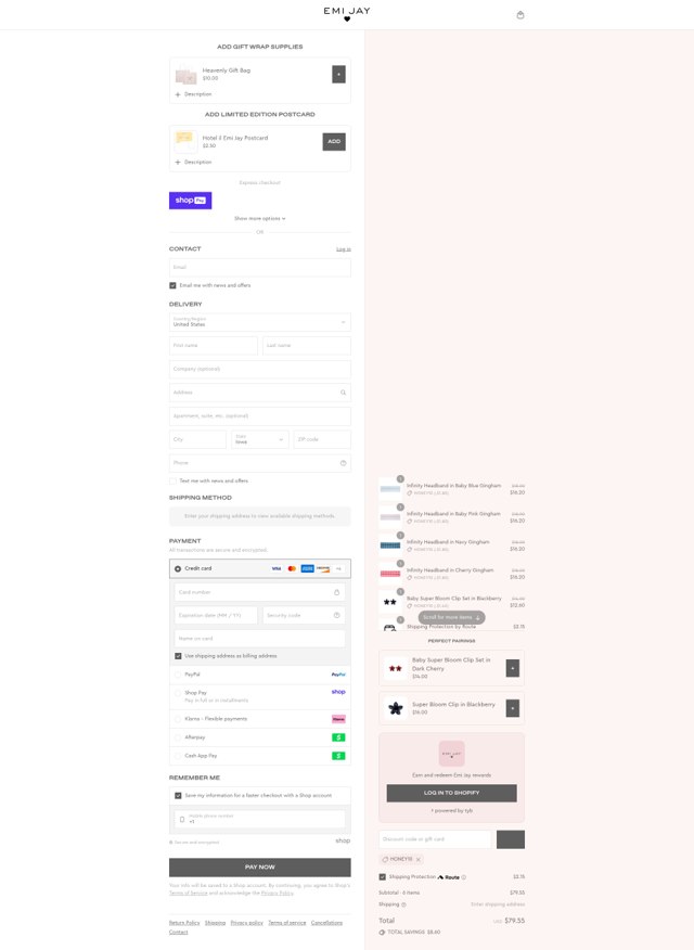Emi Jay checkout page showing Emi Jay discount code box | Screenshot taken by SimplyCodes community member on Aug 19, 2025