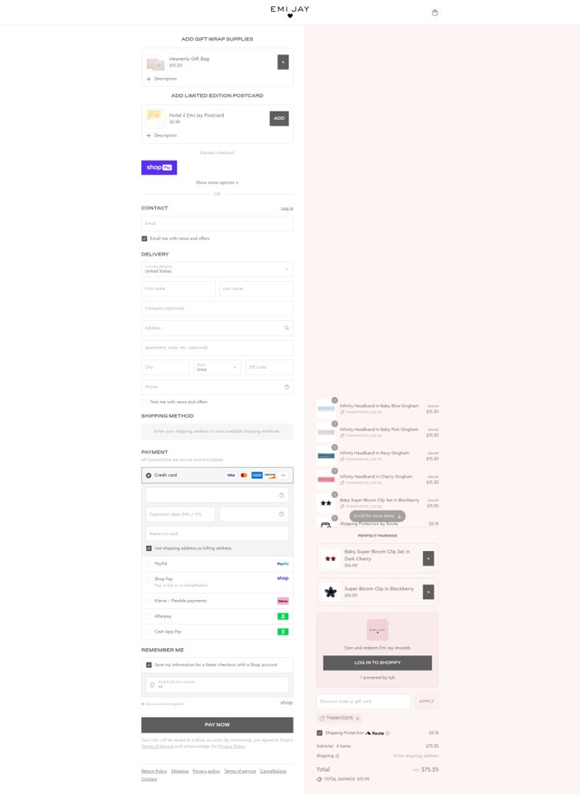 Emi Jay checkout page showing Emi Jay discount code box | Screenshot taken by SimplyCodes community member on Aug 19, 2025