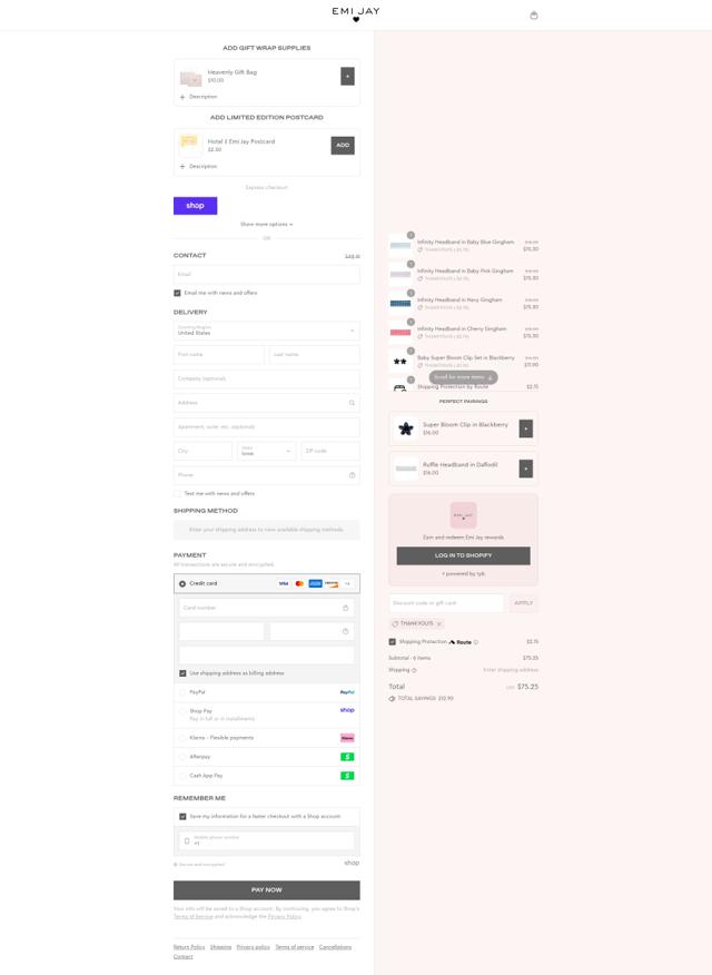 Emi Jay checkout page showing Emi Jay discount code box | Screenshot taken by SimplyCodes community member on Sep 4, 2025