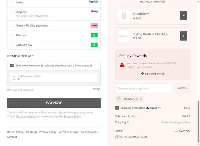 Emi Jay checkout page showing Emi Jay discount code box | Screenshot taken by SimplyCodes community member on Sep 12, 2025