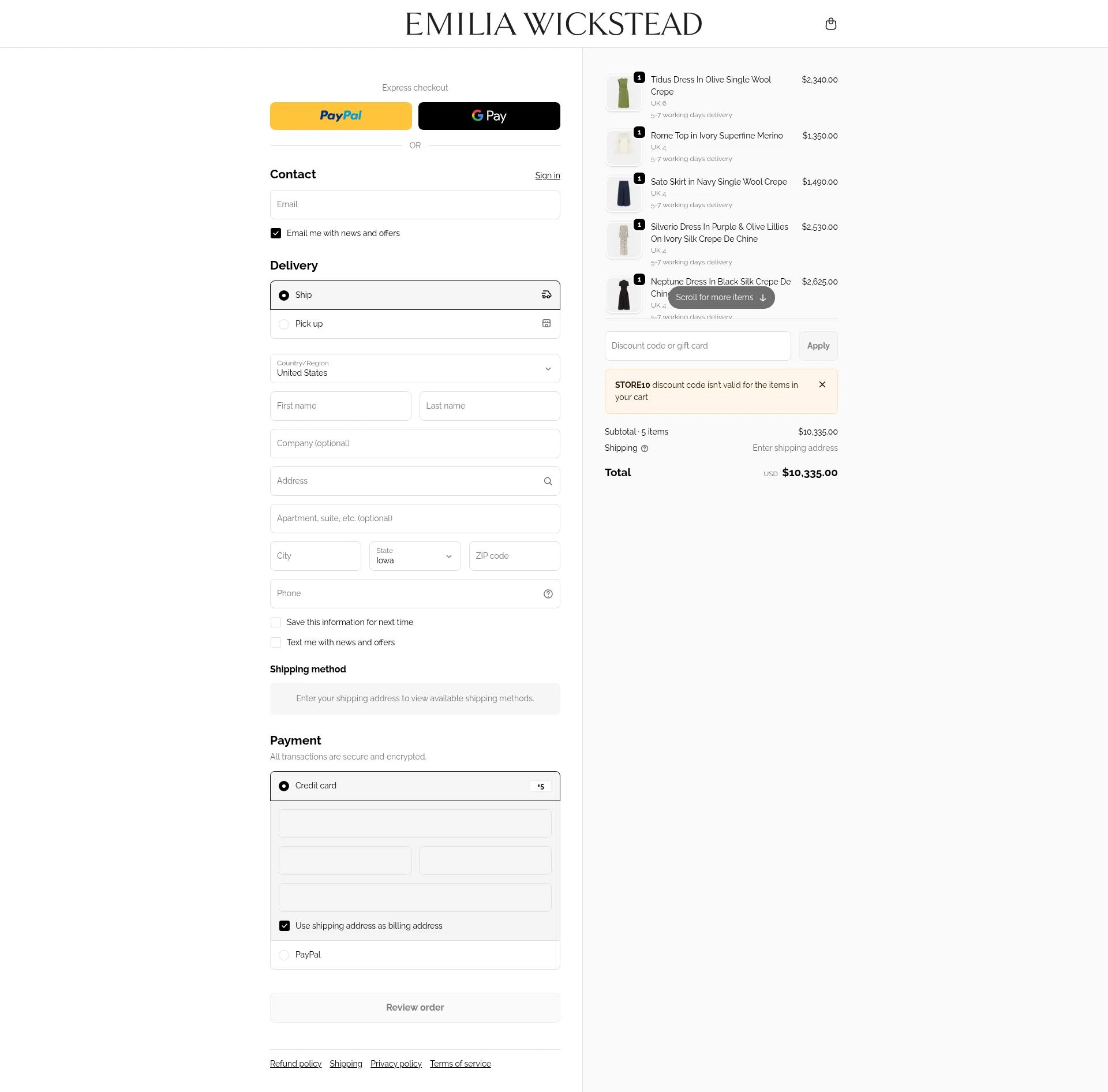 Emilia Wickstead checkout page showing Emilia Wickstead promo code box | Screenshot taken by SimplyCodes community member on Feb 15, 2026