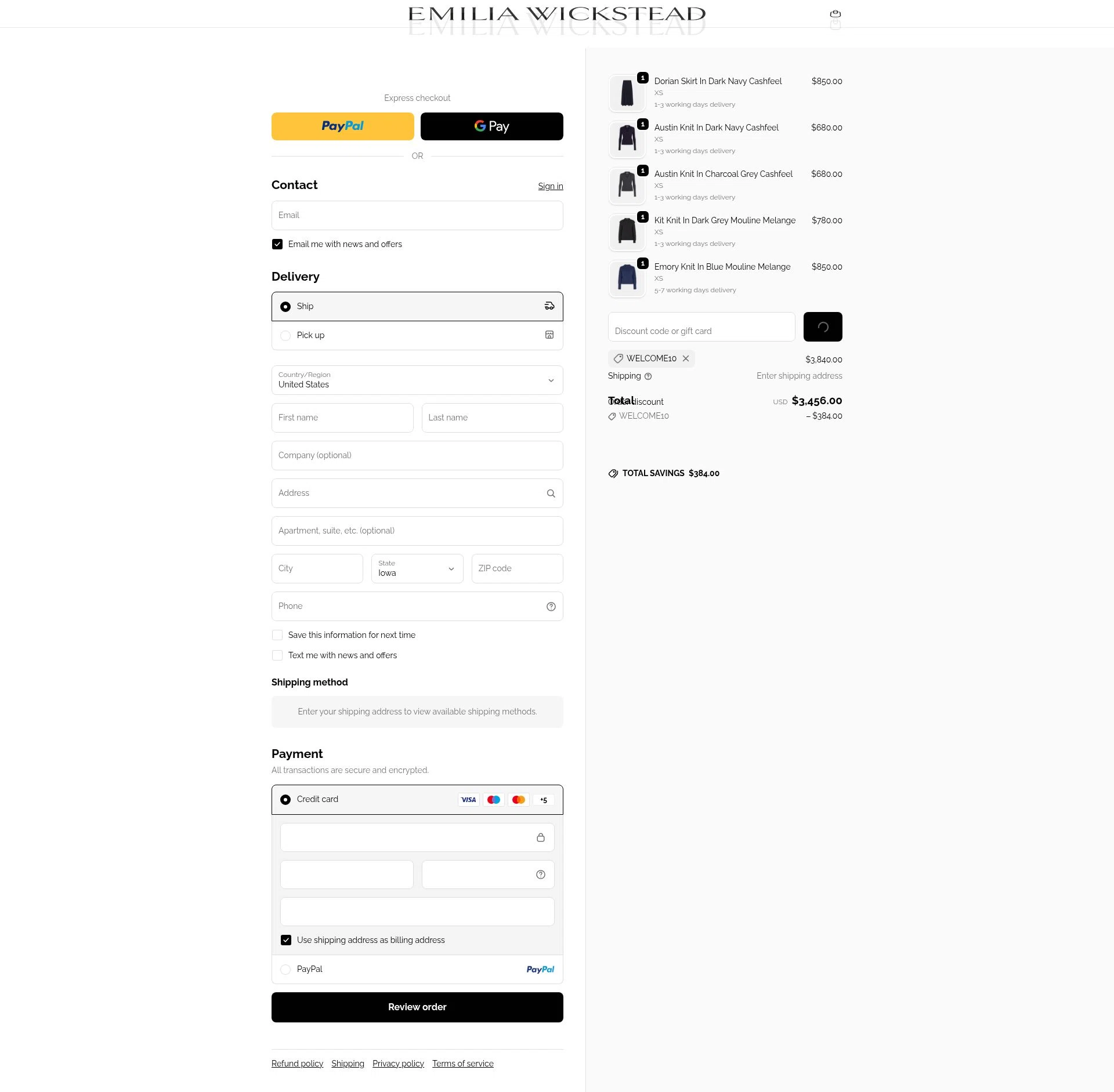 Emilia Wickstead checkout page showing Emilia Wickstead promo code box | Screenshot taken by SimplyCodes community member on Dec 26, 2025