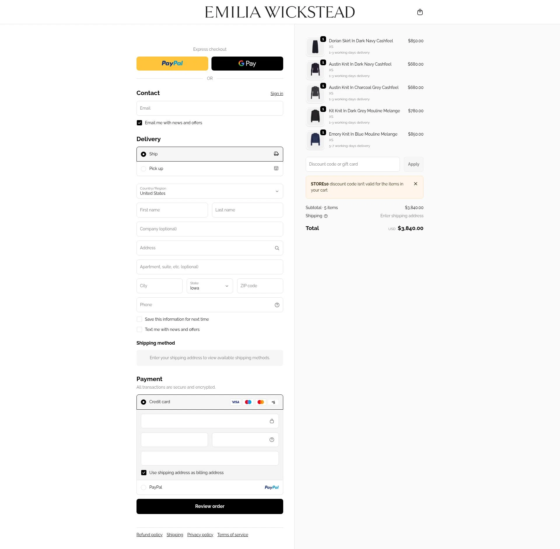 Emilia Wickstead checkout page showing Emilia Wickstead promo code box | Screenshot taken by SimplyCodes community member on Dec 20, 2025