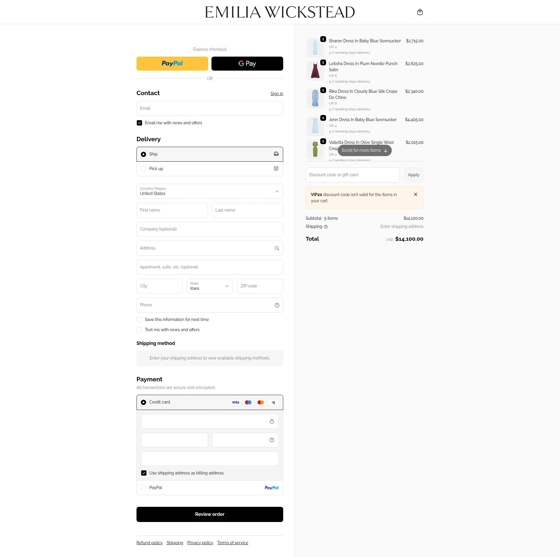 Emilia Wickstead checkout page showing Emilia Wickstead promo code box | Screenshot taken by SimplyCodes community member on Jan 29, 2026