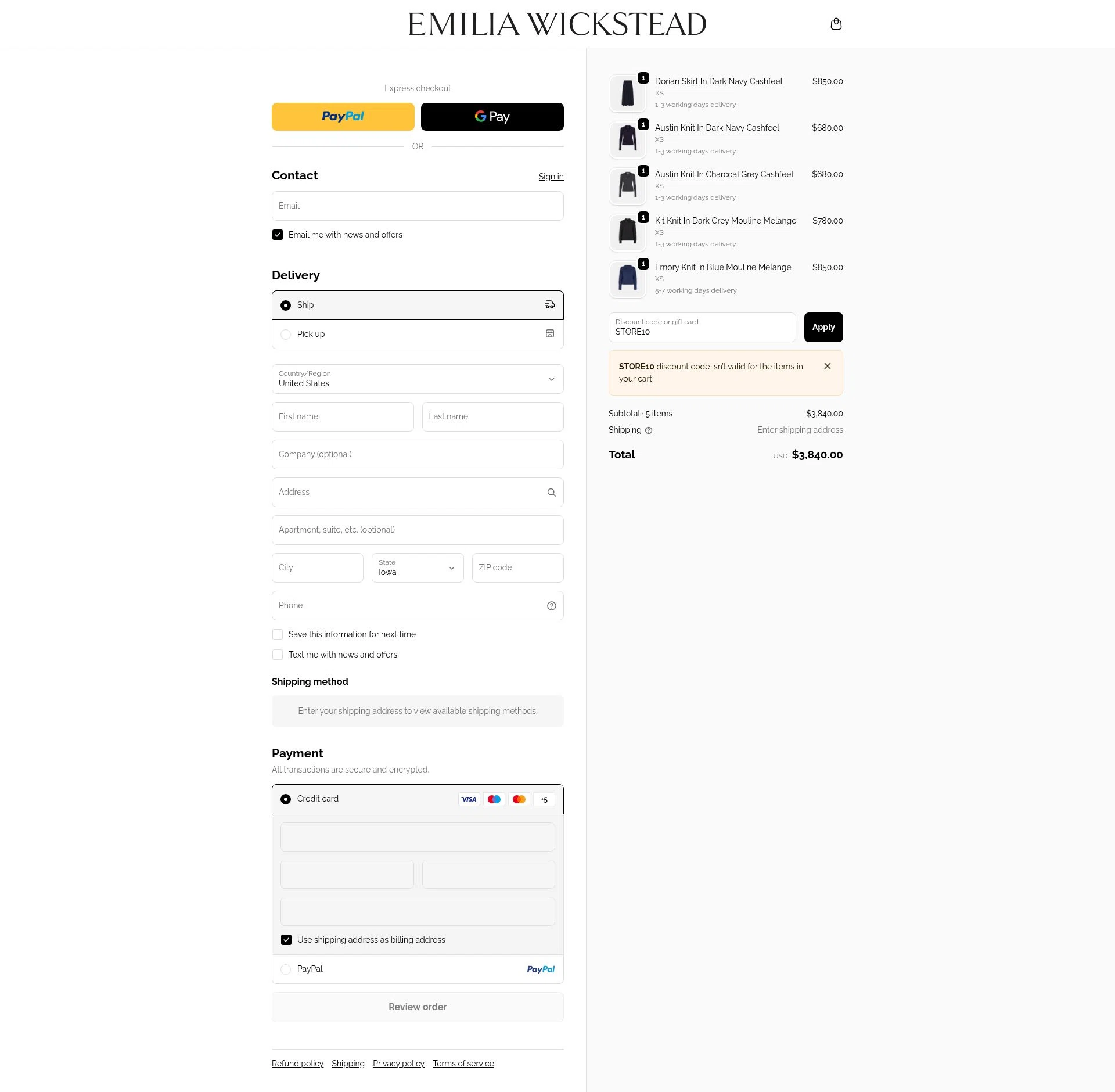 Emilia Wickstead checkout page showing Emilia Wickstead promo code box | Screenshot taken by SimplyCodes community member on Dec 13, 2025