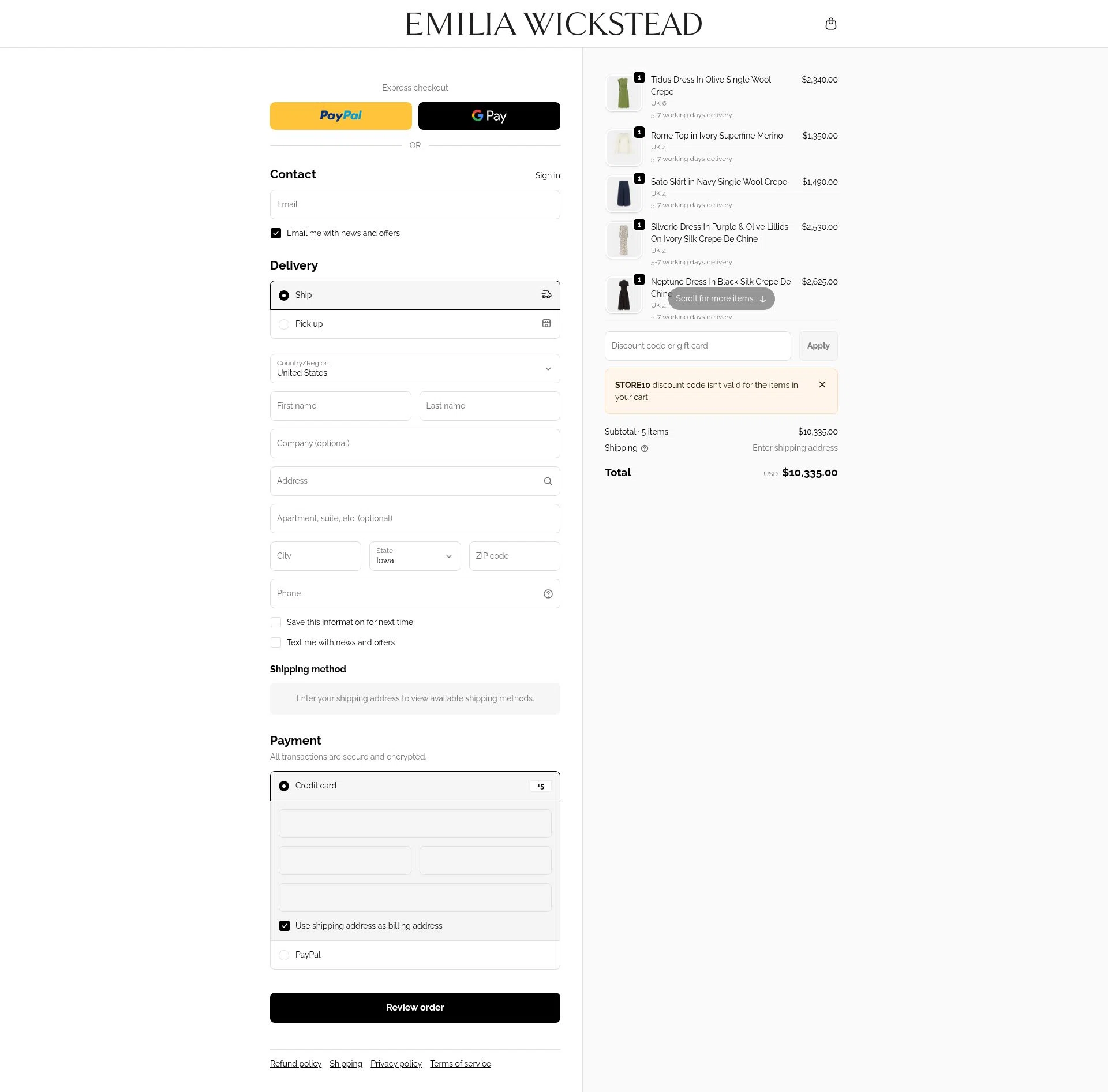 Emilia Wickstead checkout page showing Emilia Wickstead promo code box | Screenshot taken by SimplyCodes community member on Feb 20, 2026