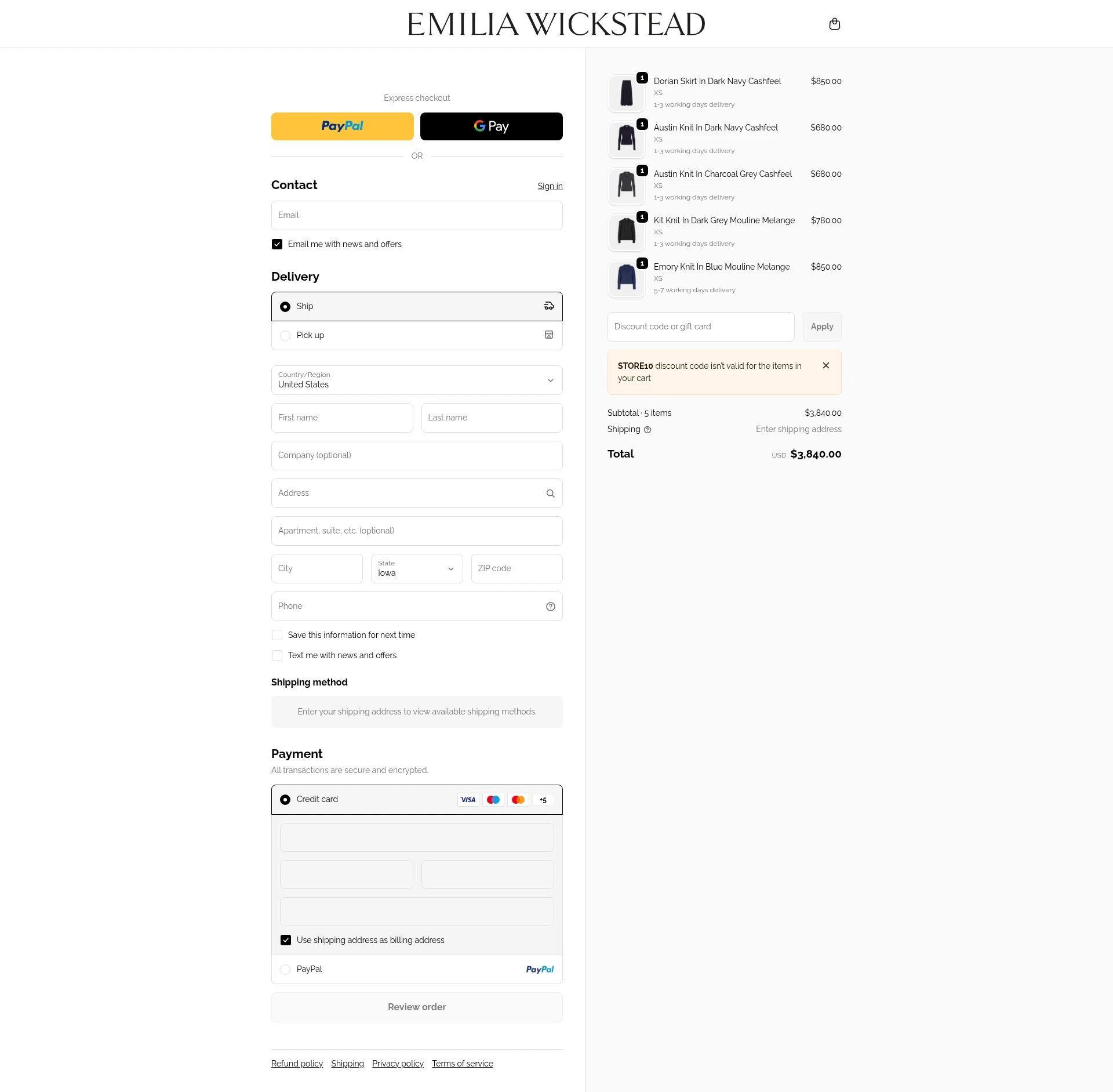 Emilia Wickstead checkout page showing Emilia Wickstead promo code box | Screenshot taken by SimplyCodes community member on Dec 26, 2025