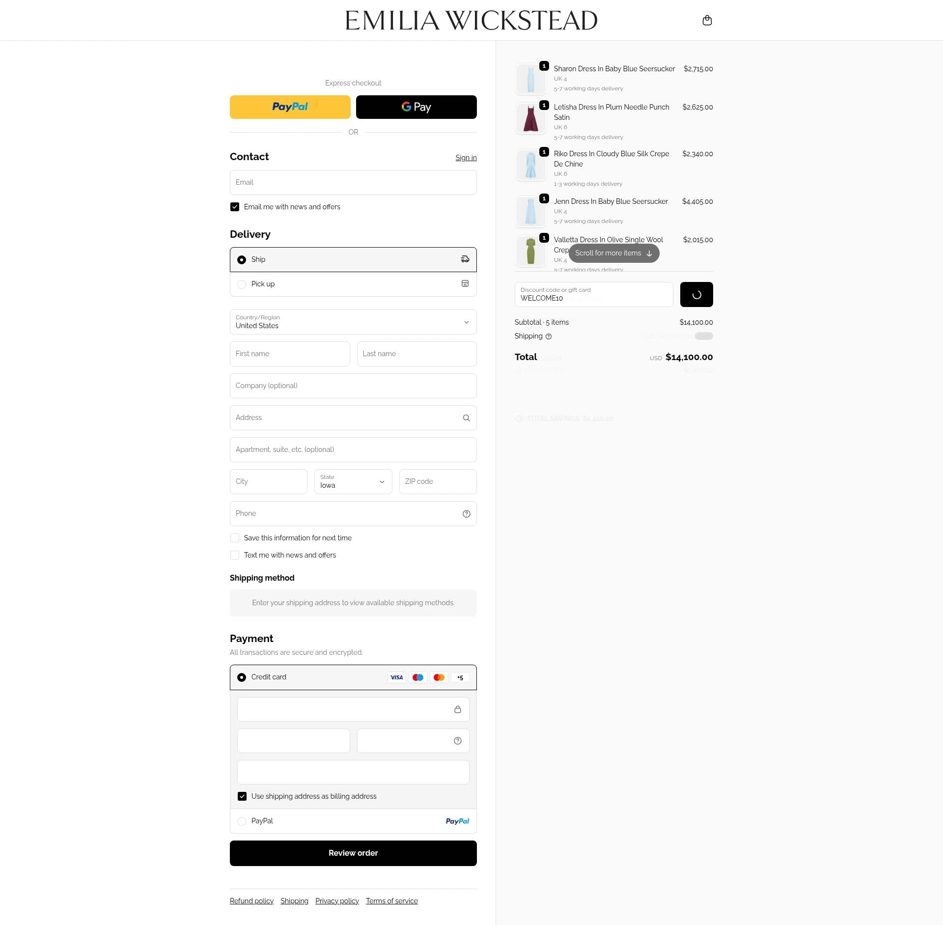 Emilia Wickstead checkout page showing Emilia Wickstead promo code box | Screenshot taken by SimplyCodes community member on Jan 10, 2026