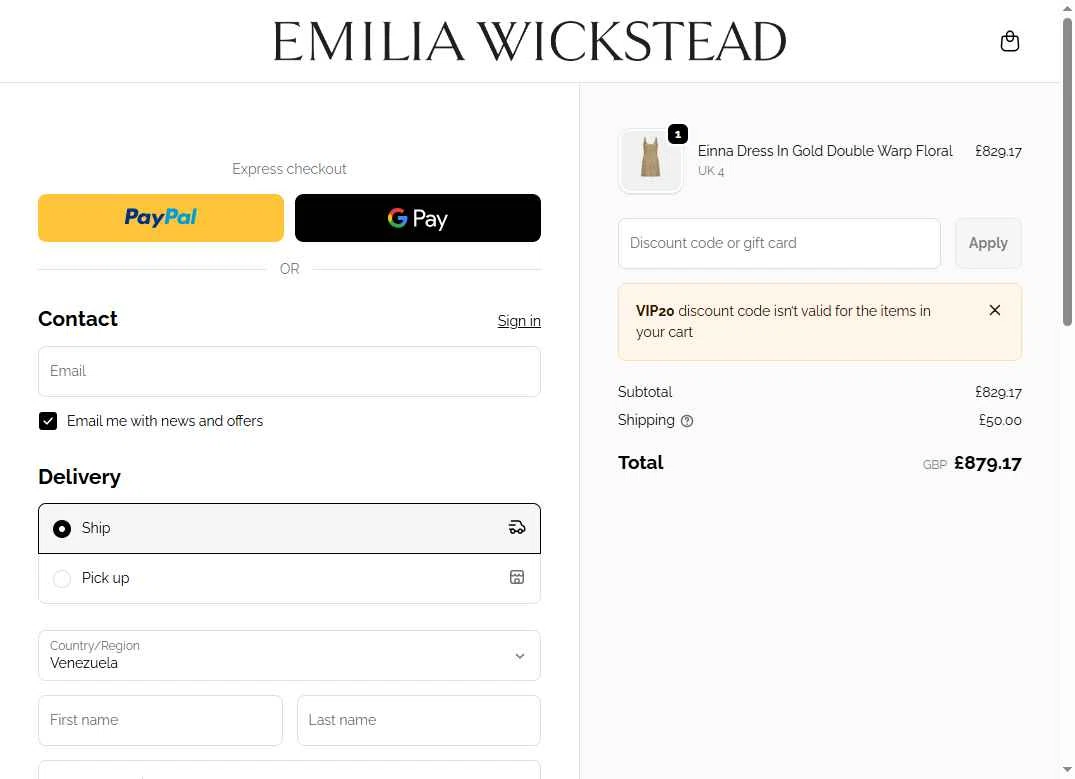 Emilia Wickstead checkout page showing Emilia Wickstead promo code box | Screenshot taken by SimplyCodes community member on Dec 26, 2025