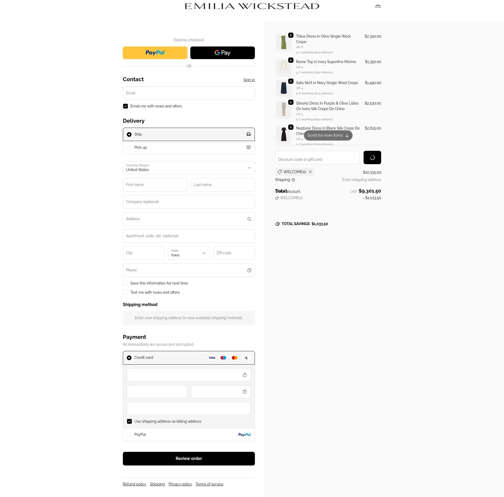 Emilia Wickstead checkout page showing Emilia Wickstead promo code box | Screenshot taken by SimplyCodes community member on Feb 11, 2026