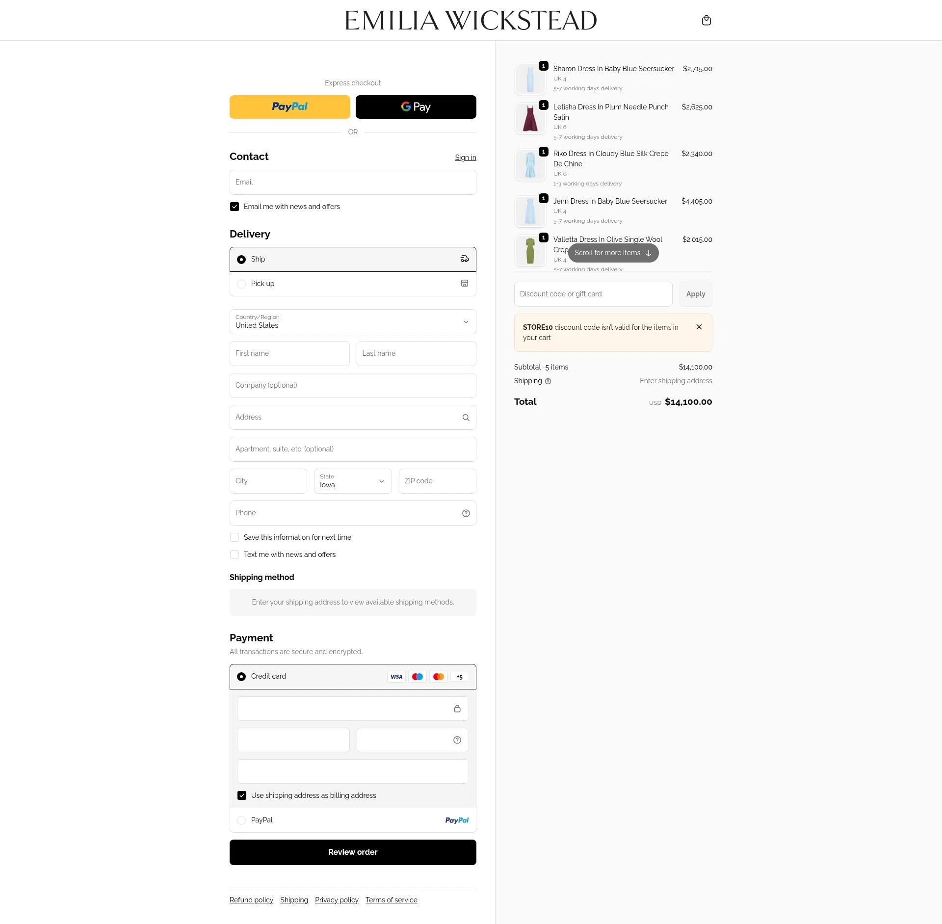 Emilia Wickstead checkout page showing Emilia Wickstead promo code box | Screenshot taken by SimplyCodes community member on Jan 20, 2026