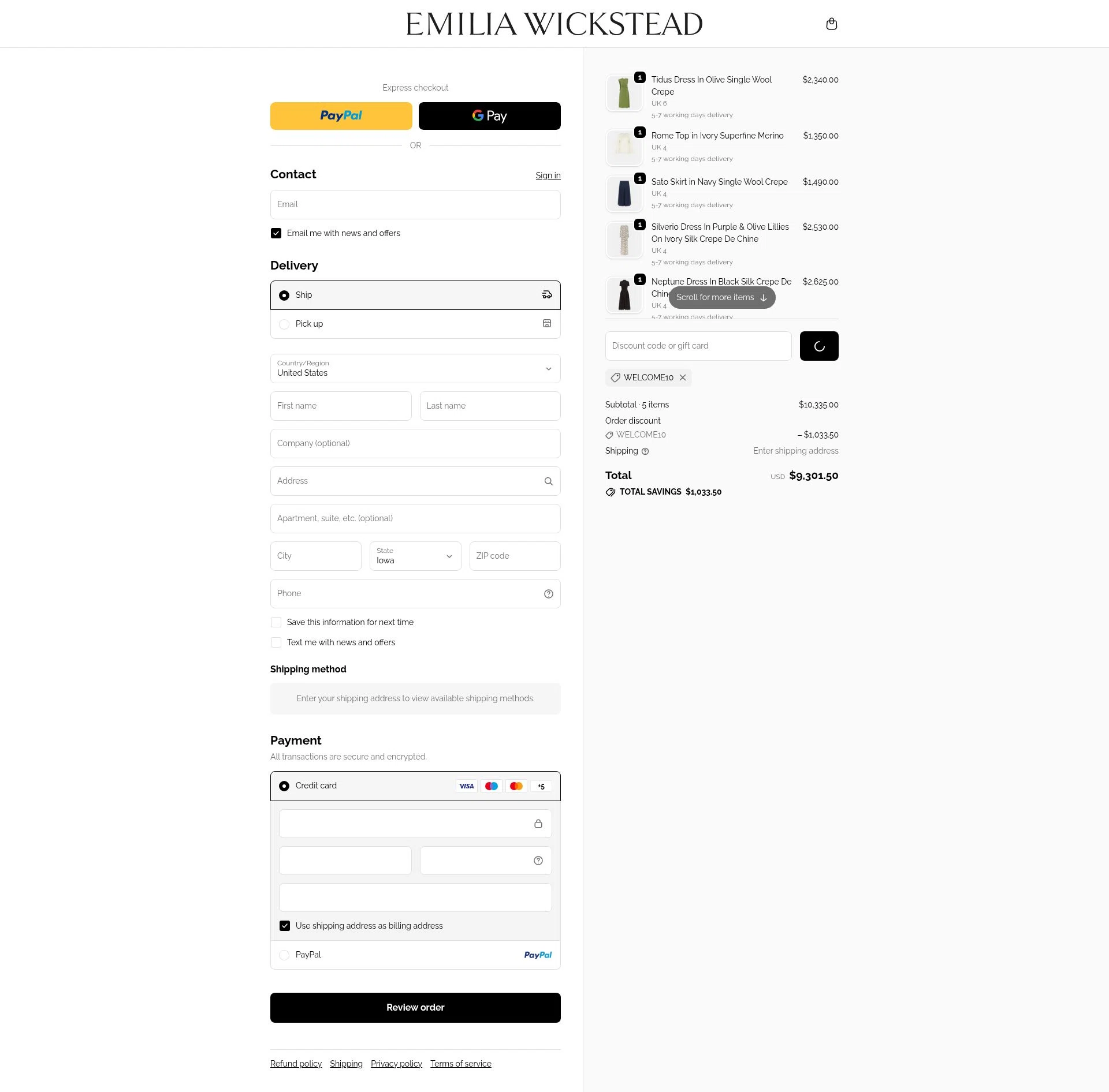 Emilia Wickstead checkout page showing Emilia Wickstead promo code box | Screenshot taken by SimplyCodes community member on Feb 15, 2026