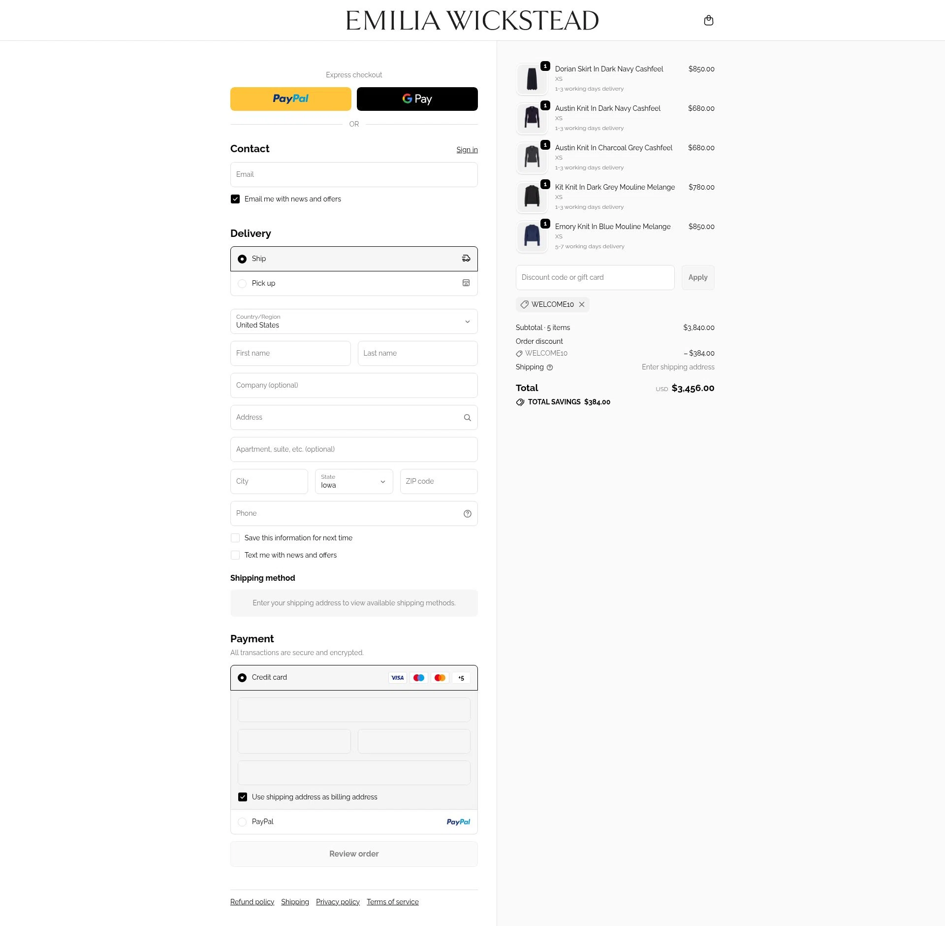 Emilia Wickstead checkout page showing Emilia Wickstead promo code box | Screenshot taken by SimplyCodes community member on Dec 13, 2025