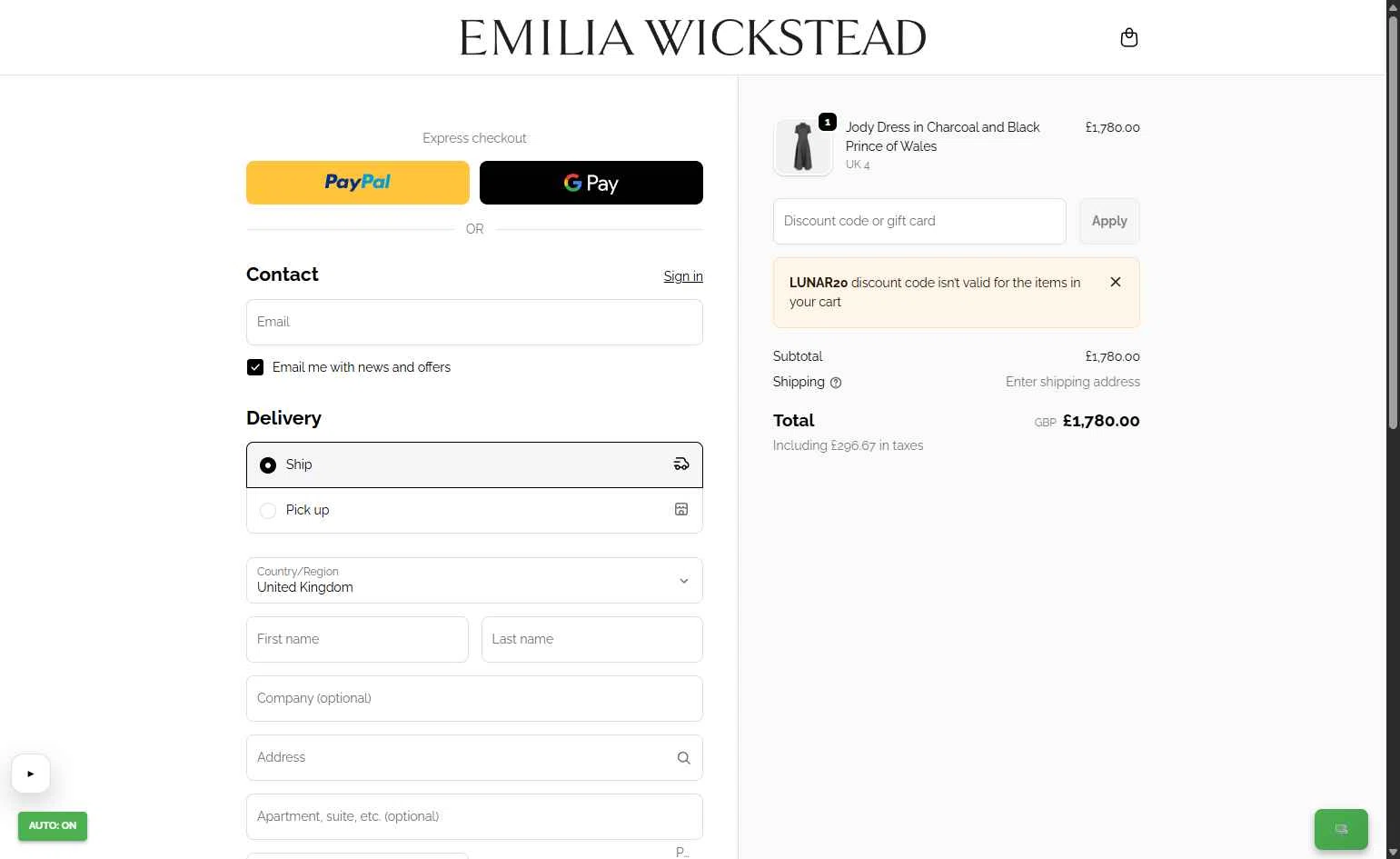 Emilia Wickstead checkout page showing Emilia Wickstead promo code box | Screenshot taken by SimplyCodes community member on Feb 13, 2026