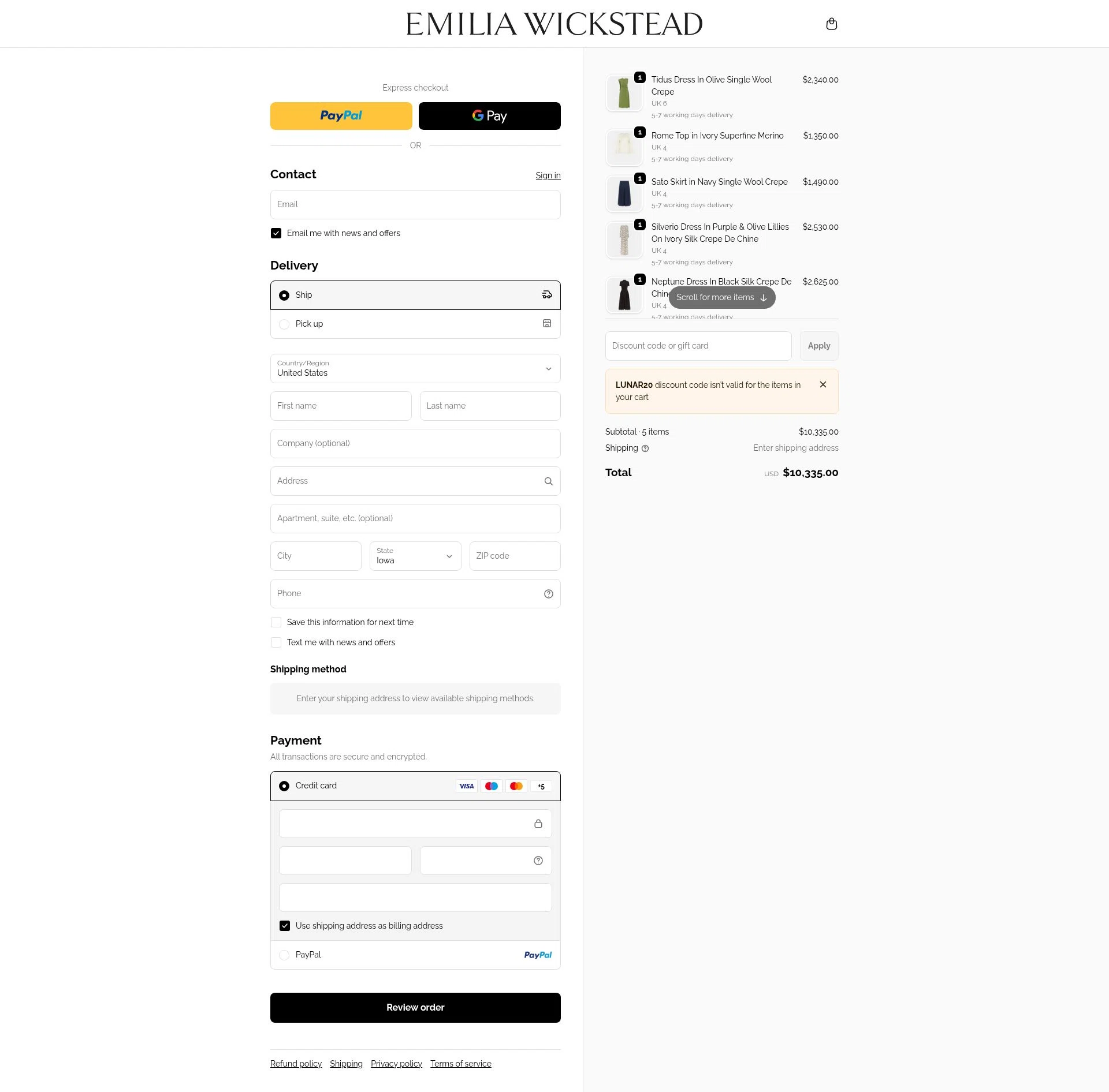 Emilia Wickstead checkout page showing Emilia Wickstead promo code box | Screenshot taken by SimplyCodes community member on Feb 15, 2026