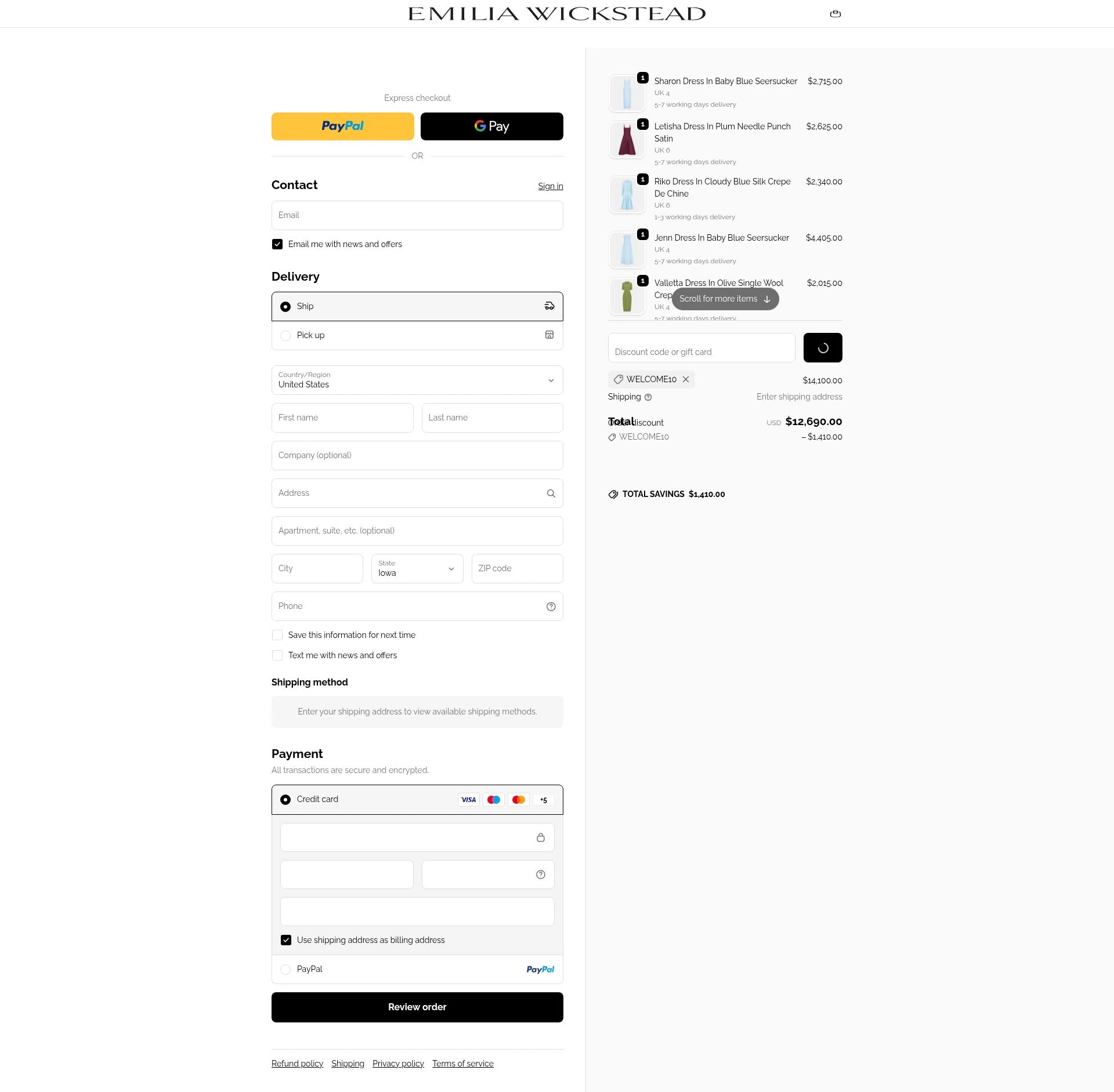 Emilia Wickstead checkout page showing Emilia Wickstead promo code box | Screenshot taken by SimplyCodes community member on Dec 31, 2025