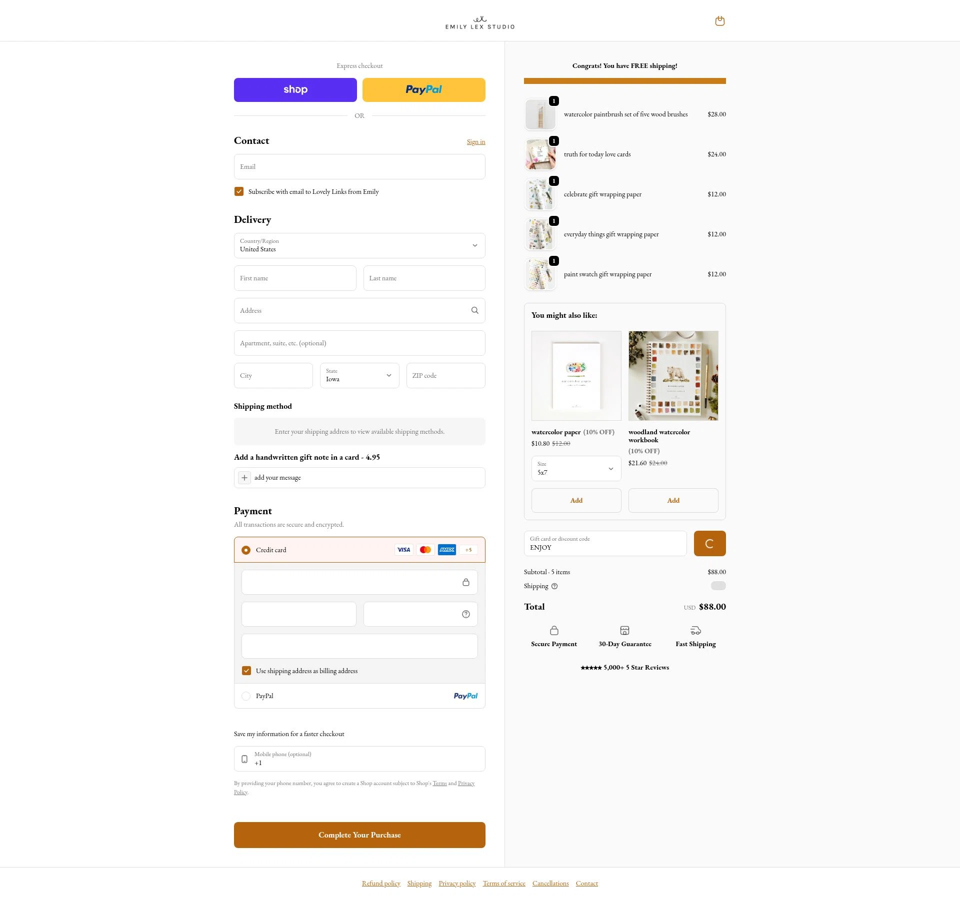 Emily Lex Studio checkout page showing Emily Lex Studio discount code box | Screenshot taken by SimplyCodes community member on Feb 6, 2026