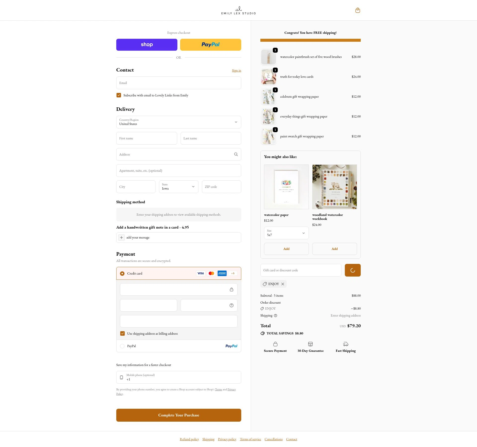 Emily Lex Studio checkout page showing Emily Lex Studio discount code box | Screenshot taken by SimplyCodes community member on Feb 2, 2026
