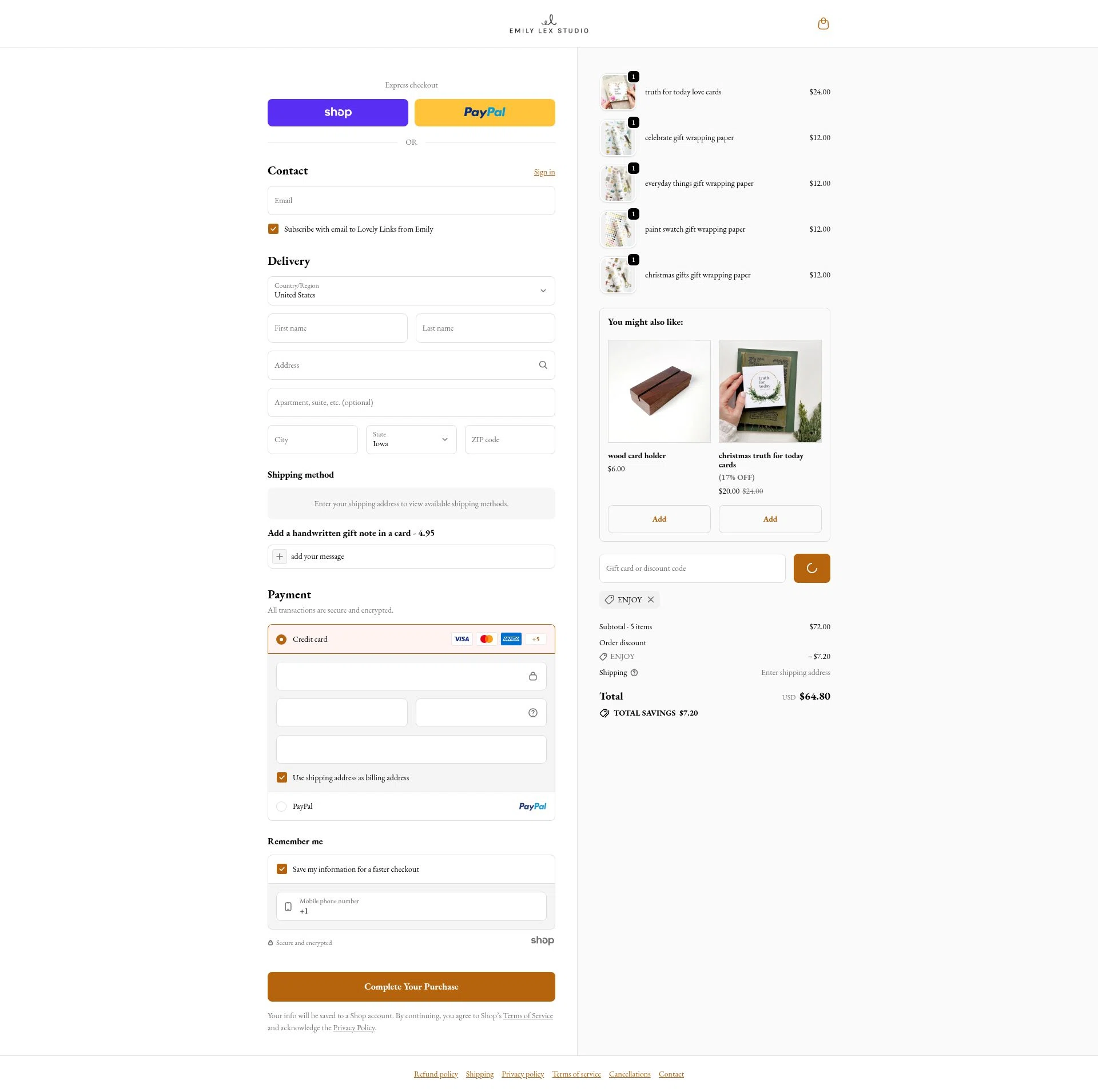 Emily Lex Studio checkout page showing Emily Lex Studio discount code box | Screenshot taken by SimplyCodes community member on Jan 24, 2026