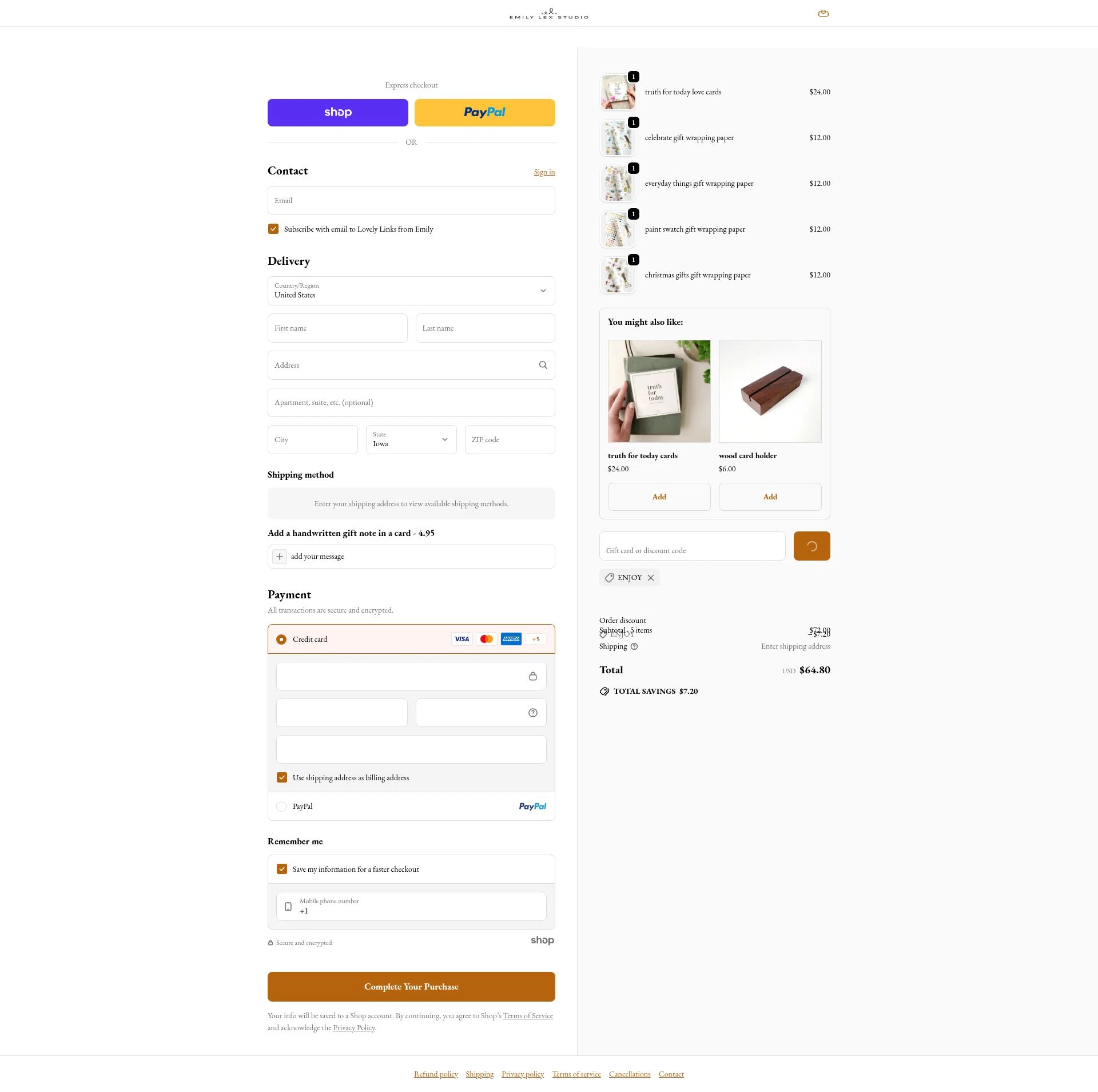 Emily Lex Studio checkout page showing Emily Lex Studio discount code box | Screenshot taken by SimplyCodes community member on Jan 29, 2026