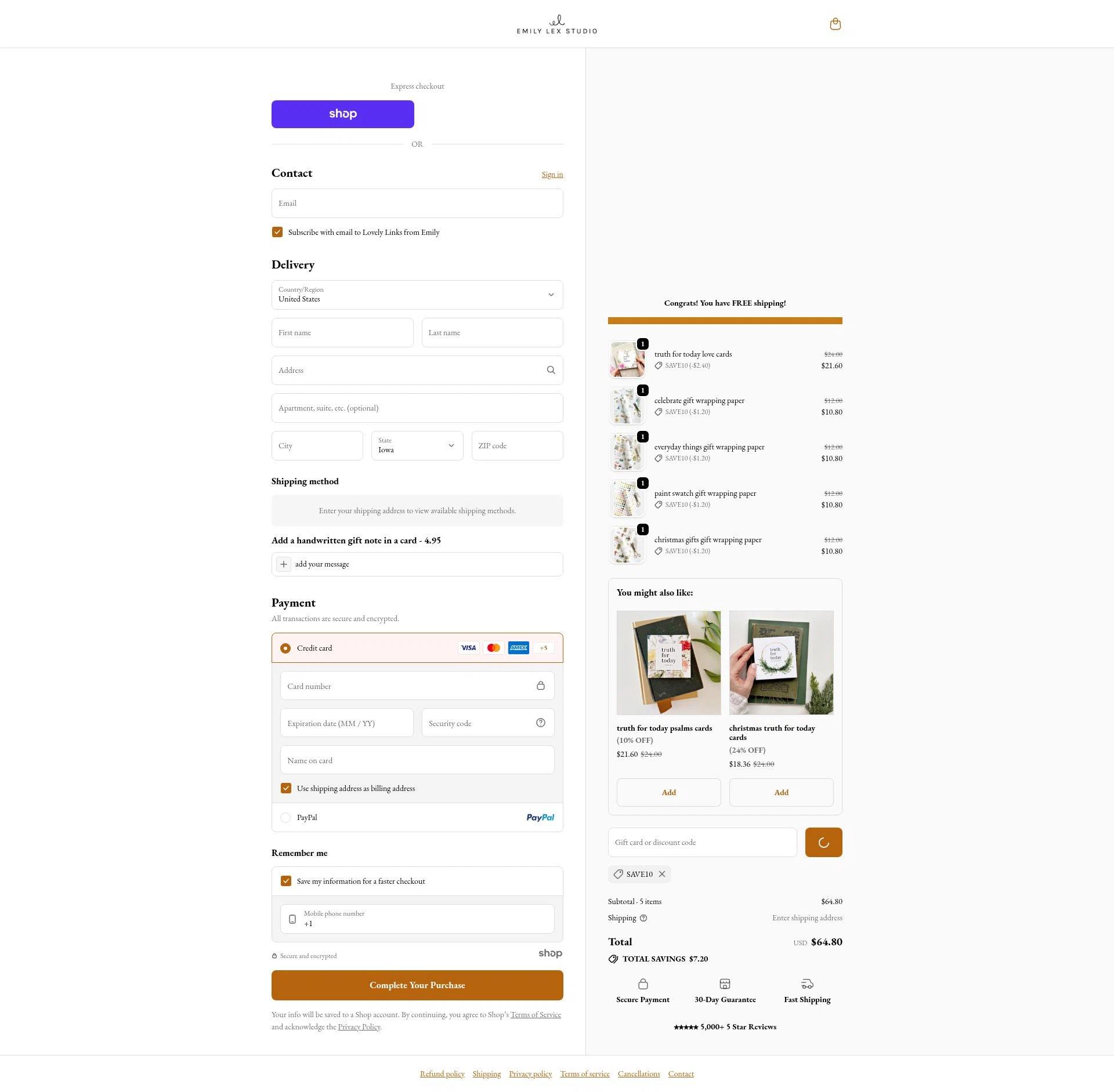 Emily Lex Studio checkout page showing Emily Lex Studio discount code box | Screenshot taken by SimplyCodes community member on Jan 19, 2026