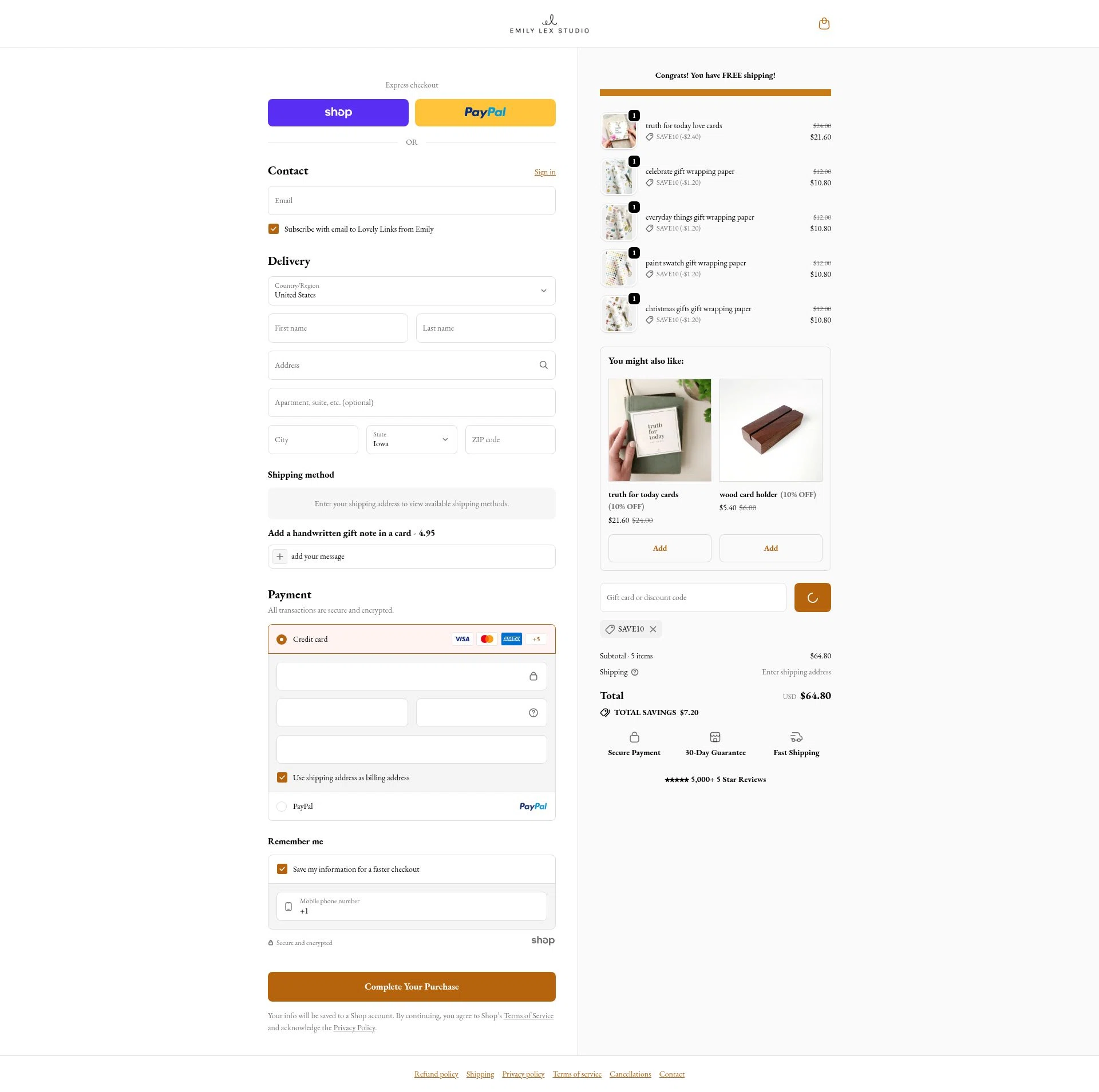 Emily Lex Studio checkout page showing Emily Lex Studio discount code box | Screenshot taken by SimplyCodes community member on Jan 29, 2026